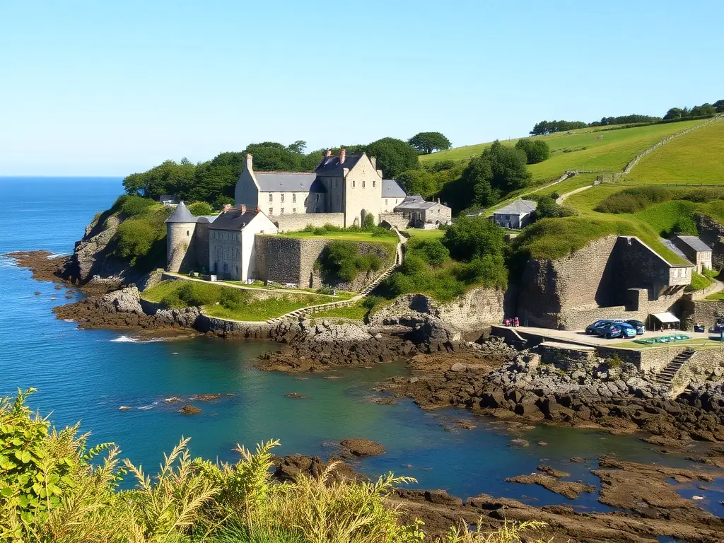 A scenic image capturing the Abbaye de Beauport surrounded by its natural environment, highlighting the coastal landscape and the organization's efforts to protect the surrounding ecosystem.