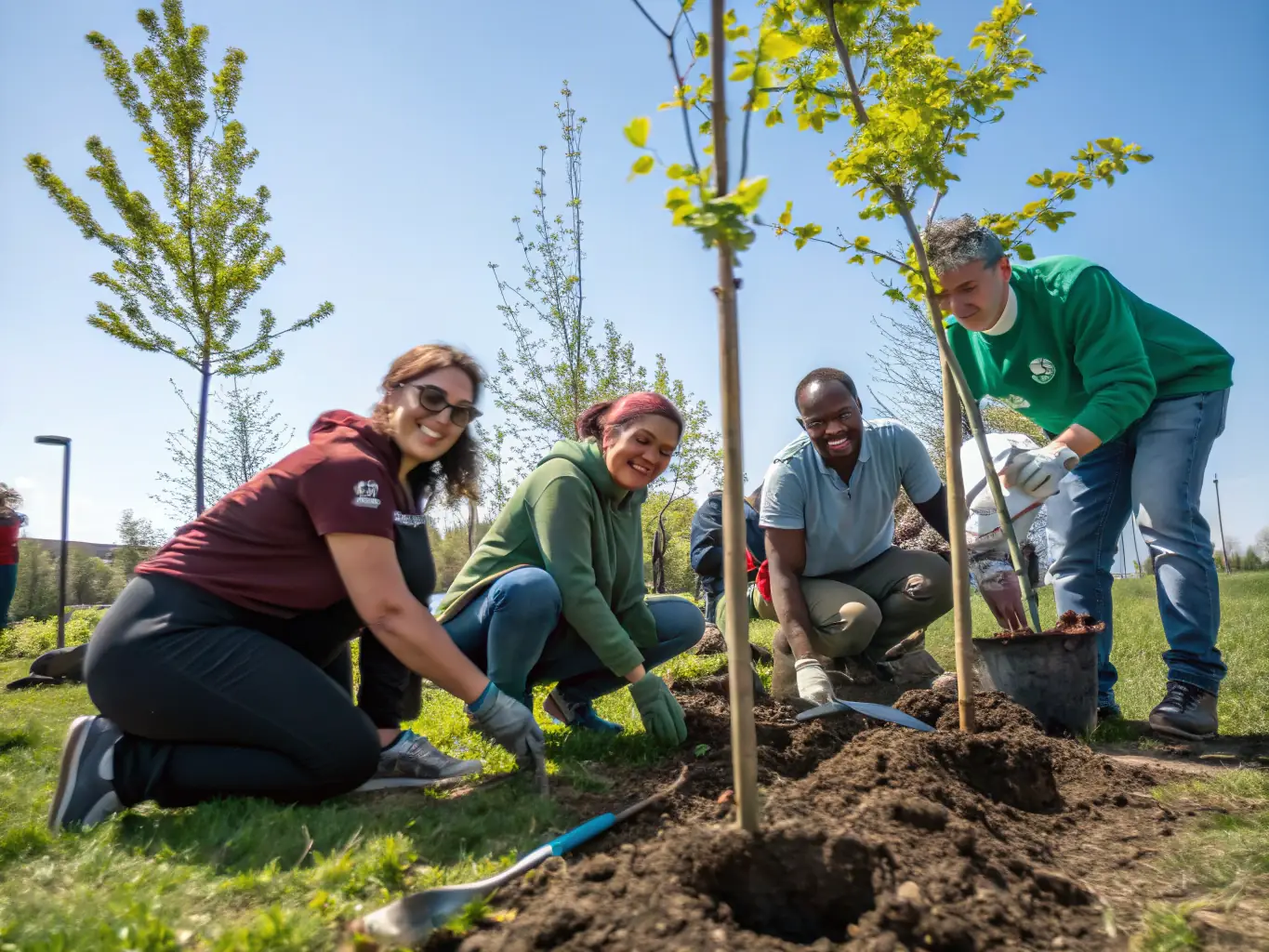A serene image of volunteers planting native trees and shrubs in the Abbaye de Beauport's surrounding landscape, contributing to environmental conservation efforts.