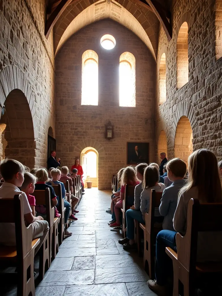 A photograph capturing a group of children participating in an educational workshop at the Abbaye de Beauport, learning about the history and architecture of the site.