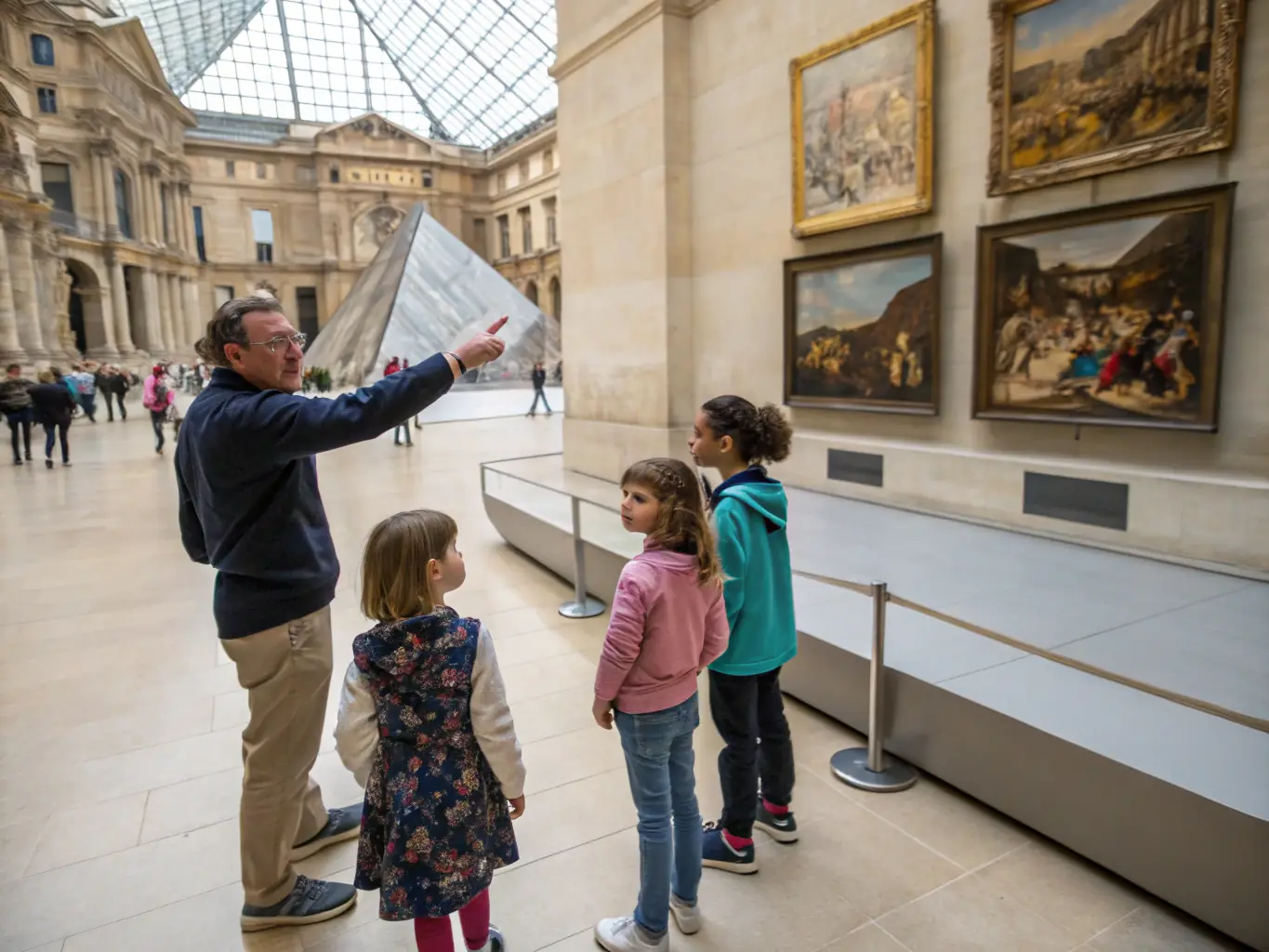 A vibrant image of a community event at the Abbaye de Beauport, with families participating in a guided tour and children engaging in educational activities.