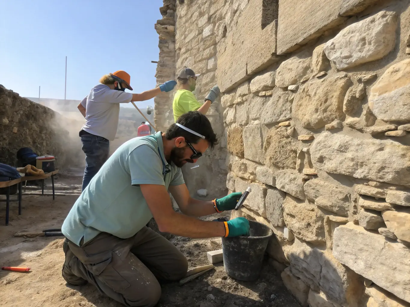 A detailed photograph showcasing the meticulous restoration work being done on a section of the Abbaye de Beauport's stone facade, with skilled artisans carefully repairing the ancient stonework.