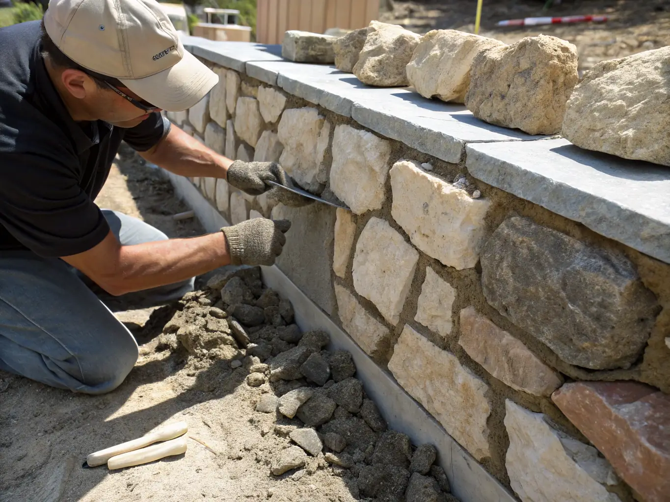 A detailed image of stonemasons carefully restoring a section of the Abbaye de Beauport's ancient walls, showcasing their traditional techniques and tools.